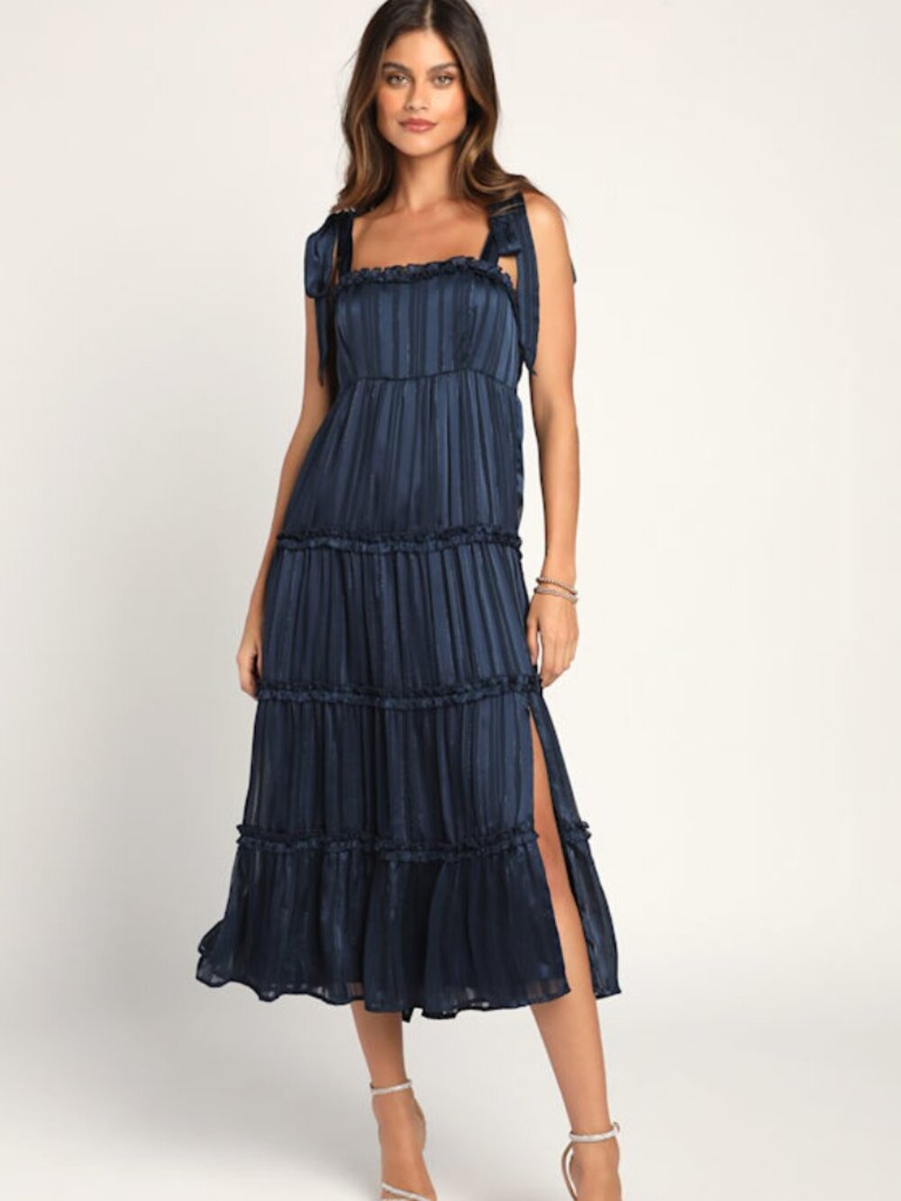 Lulus Day For Romance Navy Blue Tie-strap Tiered Midi Dress - Size M